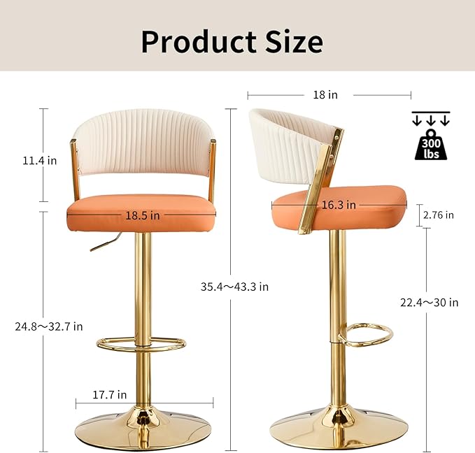 Bar Stools Set of 2, Adjustable Swivel Counter Height Bar Stools with Back and Footrest, PU Leather Bar Chairs for Kitchen Dining Room, Orange