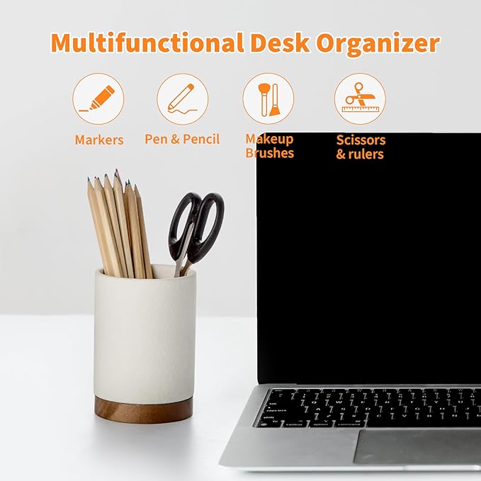 Pen Holder for Desk, Ceramic Pencil Organizer & Makeup Brush Holder, Office Decor and Desk Accessories，Perfect Office Organization,Teacher Supplies(White, Set / 2)