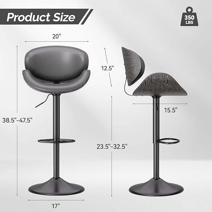 Swivel Bar Stools Set of 2, Seat Adjustable Height 23.5-32.5IN Bentwood Barstools with Back & Footrest, PU Leather Upholstered Counter Height Bar Chairs for Bar Kitchen Dining Room, Grey