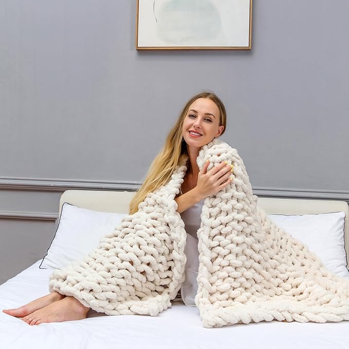 clootess Chunky Knit Blanket Knitted Throw Crochet Chenille Yarn Woven for Bed Sofa Textured Thick Cable Decor (Beige 40x60 in)