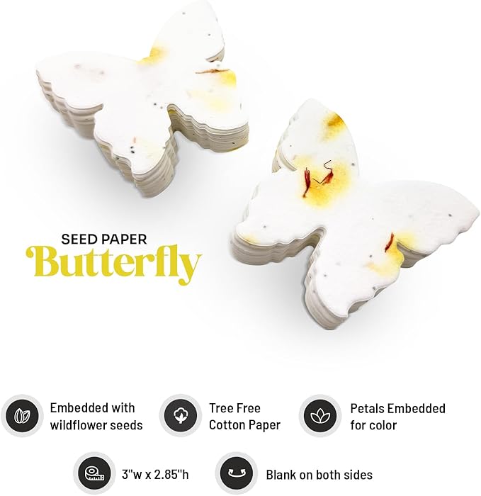 50 pcs Large Seed Paper – Yellow Plantable Wildflower Butterflies for Bridal Shower, Wedding Gift, Birthday, Mother's Day & Other Milestone Celebrations