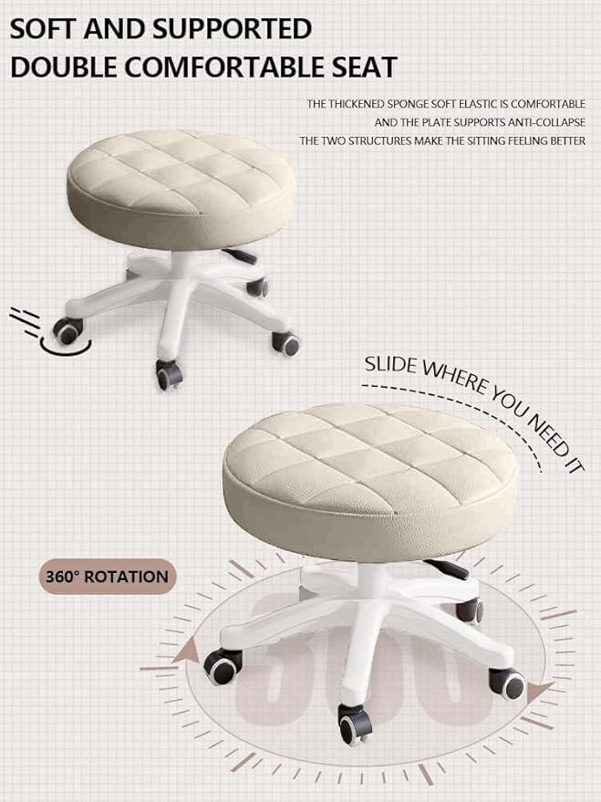 Small Chair Round Rolling Stool with Wheels PU Leather Height Adjustable Swivel Drafting Work SPA Salon Stools Home Office Chair,2 Pack