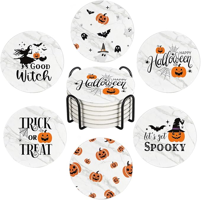 Halloween Drink Absorbent Coasters with Holder Set of 6, Ceramic Stone with Cork Base, White Marble Design with Pumpkin Pattern Coaster for Drinks, Gift for Housewarming Room Bar Home Decor Kitchen