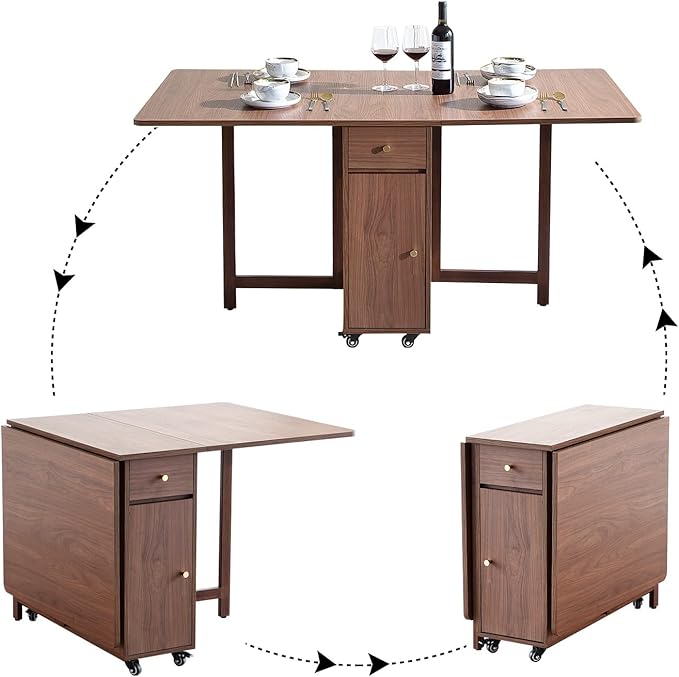 Extendable Drop Leaf Foldable Dining Table with 2 Drawers and 4 Wheels for Living Room Kitchen Farmhouse Space Saving Table in Walnut