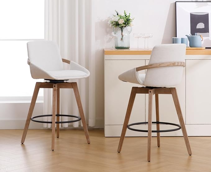 EALSON Swivel Counter Height Bar Stools Set of 2 Mid Century Modern Natural Wood Barstools with Back and Arms Comfortable Upholstered Counter Stools Linen Bar Chairs for Kitchen Island, Beige