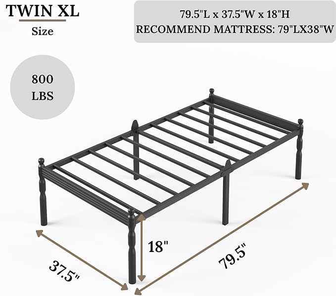 18 Inch Twin XL Metal Bed Frame with Mattress Slide Stopper, Twin XL Size Platform Bed Frames No Box Spring Needed, Heavy Duty Bedframe, Easy Assembly, Noise Free