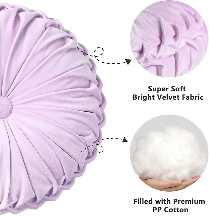 HIG Set of 2 Decorative Round Pleated Throw Pillows,Classy Accent Pumpkin Throw Pillows with Center Button,Vintage Velvet Floor Pillows for Sofa Vanity Chair Bed,Light Purple,14.7" Diameter(Ripple)