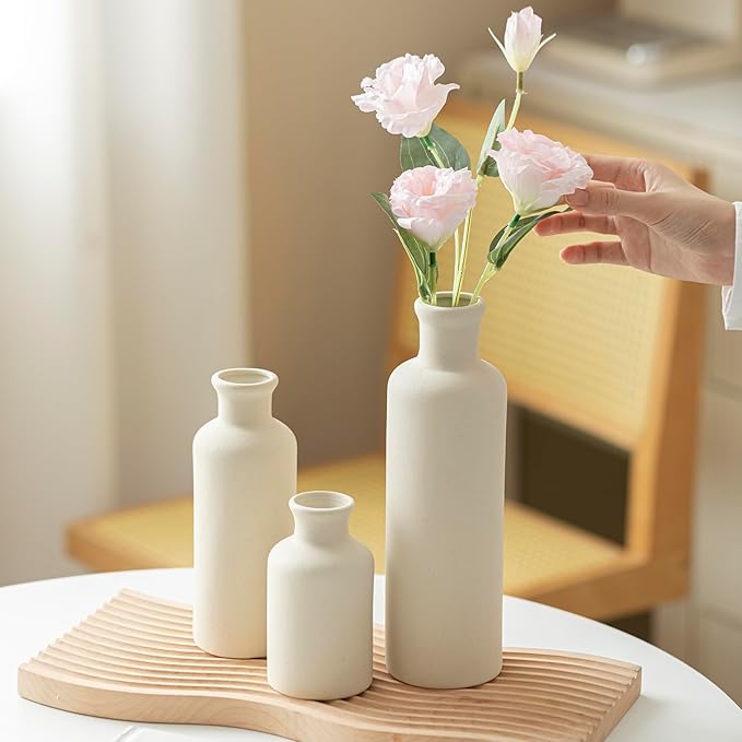 10 Inch Modern Ceramic Vase Set of 3, Beige Colors, Decorative Bottles for Home, Farmhouse Rustic Decor (Beige)