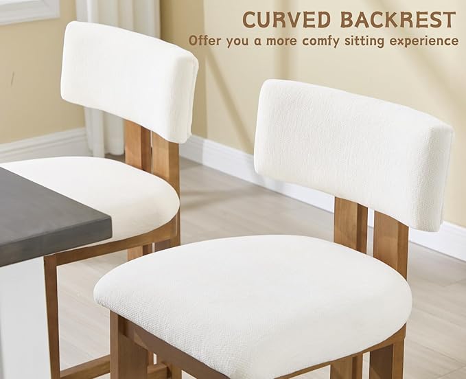 Upholstered Farmhouse Bar Height Bar Stools Set of 4 White Chenille Barstools with Back/Solid Wood Legs, Modern Tall Bar Chairs for Kitchen Island/Home Bar/Pub, 30 Inch