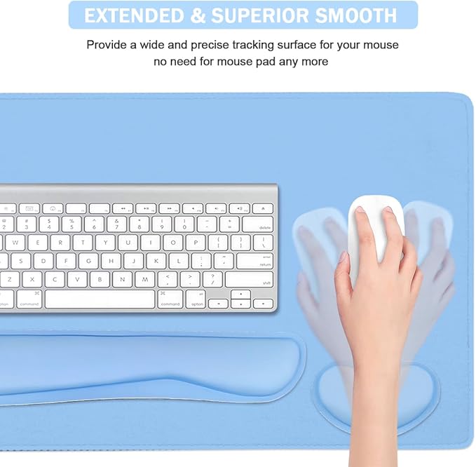 Large Keyboard Mouse Pad Set, Extended Mouse Pad+Keyboard Wrist Rest Support, Memory Foam Ergonomic Easy Typing, 4Pcs (35.4×15.14 in) Desk Pad Set for Home Office Study Game - Blue