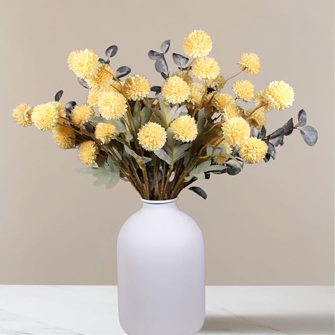 Yellow Flowers Artificial Long Stems Kiku Flower With Eucalyptus, Spring Flowers Decor, Mustard Yellow Decor, Flores Amarillas Artificiales Para Decoracion, Faux Easter Spring Summer Floral Stems