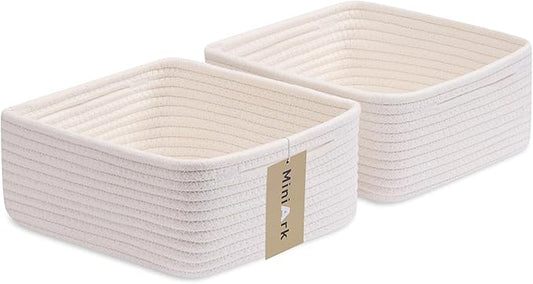 Small Square Shallow Baskets for Organizing, 9.7x9.7x4.3 Inch Rope Woven Storage Bins for Cubes Closet, Shelves Storage, Boho Decorative Basket, 2 Packs Off White