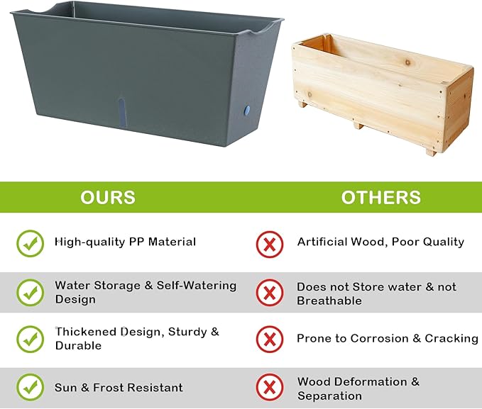 Window Box Planter 6 Pcs, 16.5 Inches Self Watering Rectangle Flower Plant Pots with Drainage Holes Trays, Vegetable Planters for Windowsill Patio Garden Balcony Porch Yard (Dark Green)