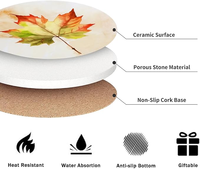Fall Drink Absorbent Coasters with Holder Set of 6, Ceramic Stone with Cork Base, Watercolor Orange Falling Maple Leaves Coaster for Drinks, Gift for Housewarming Room Bar Home Decor Kitchen