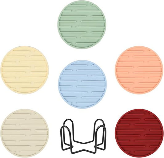 Silicone Coasters for Drinks Coaster Set of 6 pcs Cup Coasters with Holder for Coffee Table for Home Decor for Kinds of Cups Cute Tabletop Protection Suitable Gift for Friend Rubber Drink Coaster Set