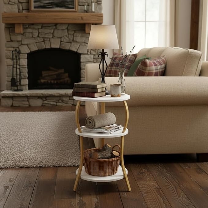 Vintage Small Round Side Table, 3-Tier Slim Waist Circular End Table with Storage Shelf, Compact Tea Sofa Table, Round Corner Coffee Table Nightstand for Living Room Bedroom Small Spaces,White+ Gold