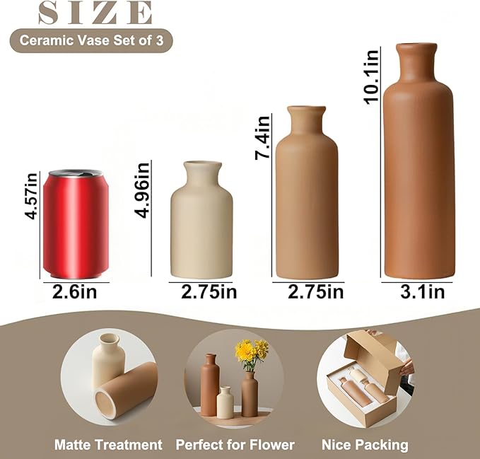 10 Inch Modern Ceramic Vase Set of 3, Neutral Colors, Decorative Bottles for Home, Farmhouse Rustic Decor (Coffee Mix)
