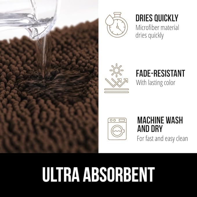 GORILLA GRIP Plush Absorbent Shaggy Chenille Bath Rug Mat for Square Toilet Base with Rubber Backing, Machine Washable Rugs, Soft Microfiber Contour Mats for Toilets, Bathroom Decor, Brown