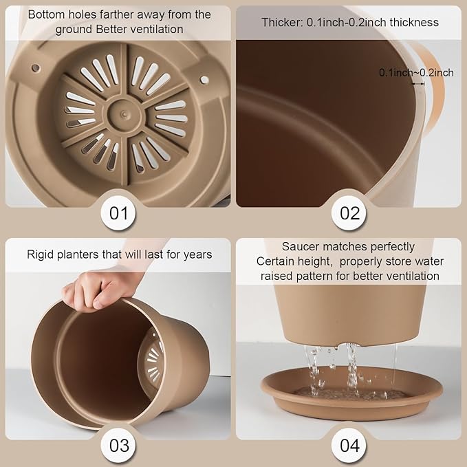 3-Pack 8/9/10 Inch Plastic Plant Pots with Saucers – Durable BPA-Free Planters with 21 Drainage Holes, Bottom Watering Design for Indoor & Outdoor Use, Succulents, Herbs, Flowers – Khaki