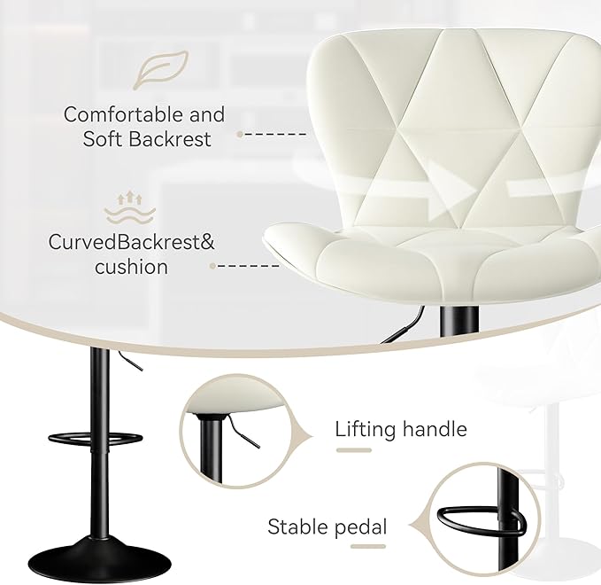 Bar Stools Set of 6,Adjustable Swivel Barstools, Faux Leather Bar Chairs,Upholstered Counter Height with High Backrest for Kitchen Island,White