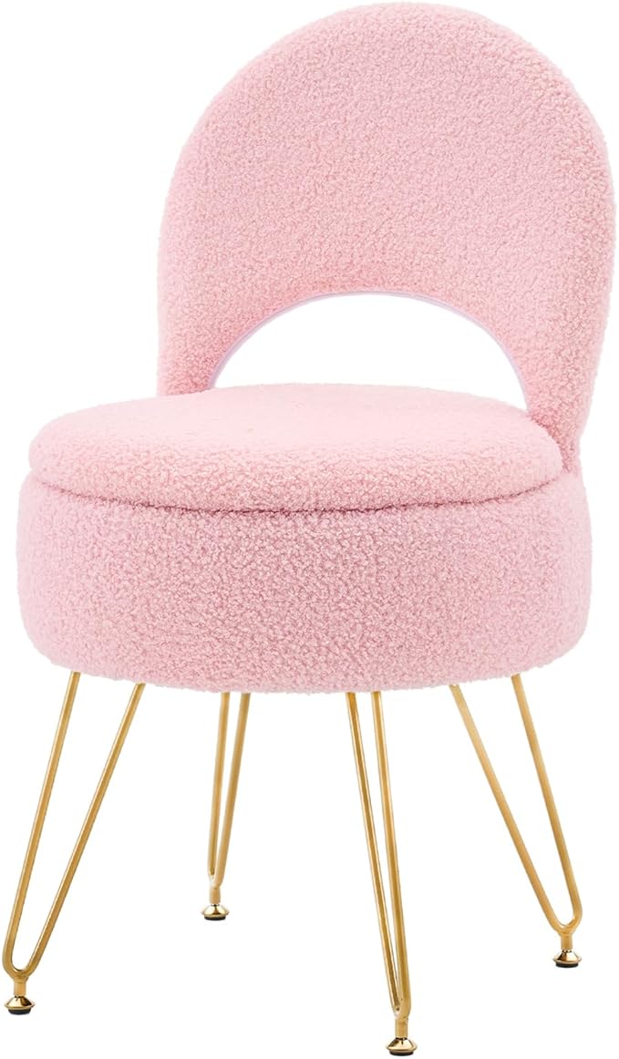 Ottoman Teddy Velvet Vanity Stool Chair with Folding Back Multifunctional Upholstered Makeup Chair, 4 Metal Legs with Anti-Slip Feet for Bedroom Living Room Entryway(Pink,M)