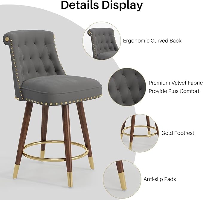 24" Counter Height Bar Stools Set of 4, Swivel Counter Stools with Back, Upholstered Velvet Stools for Kitchen Counter with Wood Legs, Fabric in Gray