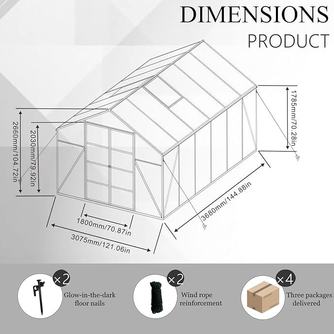 120*144*104in Greenhouse for Outdoors,Polycarbonate Greenhouse with Stronger Wind Protection and Roof Vent,Walk-in Large Aluminum Sunroom Winter Proof,Black