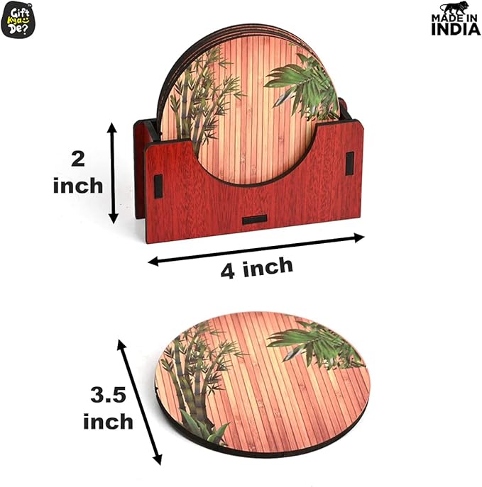 GKD Wooden Coasters for Drinks, MDF Wooden Coasters Set of 6 with Holder, 3.5 inches Eco-Friendly Absorbent Coaster for Coffee Table, Office, Bar, Drinking Glasses, Tabletop Protection