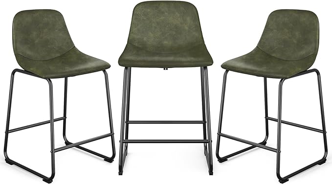 Rfiver Pu Faux Leather Bar Stools Set of 2, Industrial Pub Barstools with Back and Footrest, Modern Armless Bar Height Stool Chairs (Green, 24" Counter Chair x3)