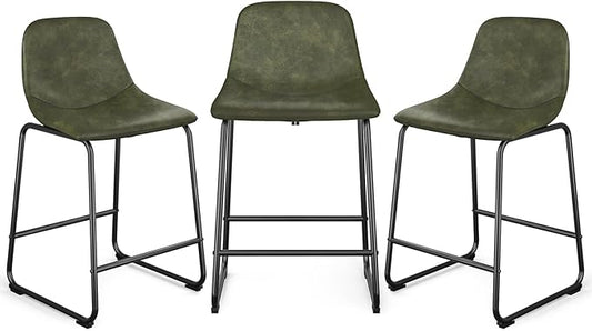 Rfiver Pu Faux Leather Bar Stools Set of 2, Industrial Pub Barstools with Back and Footrest, Modern Armless Bar Height Stool Chairs (Green, 24" Counter Chair x3)