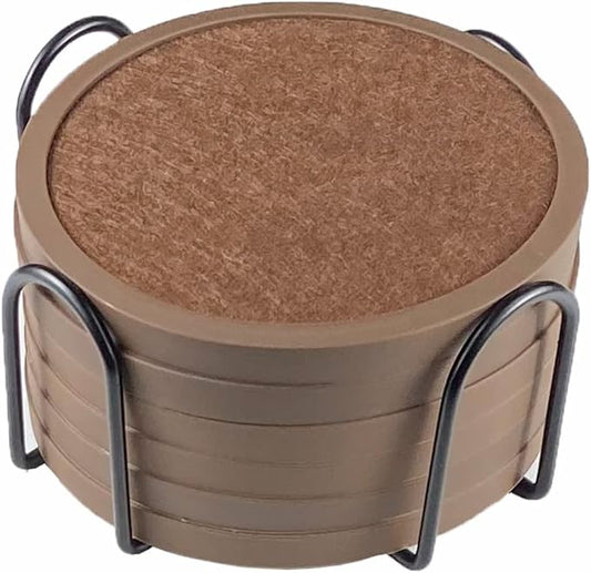 Absorbent Coasters for Drinks with Holder - 6packs, Silicone Coaster with Soft Felt Insert (4.3 inch Coasters with 4.5 inch Holder, Brown)