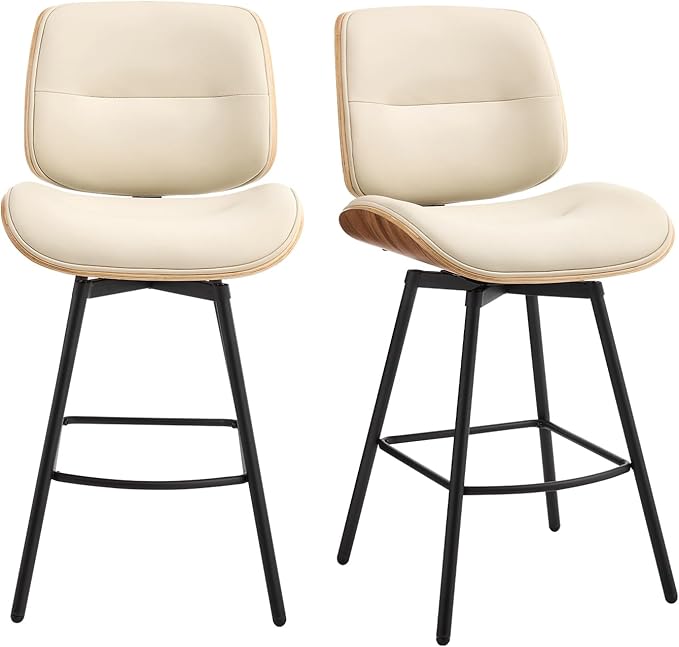 Mid Century Modern Counter Stools Set of 2, 27" Swivel Bar Stools with Metal Legs, Faux Leather Upholstered Bar Chairs with Footrest for Kitchen Island & Dining Tables, Beige