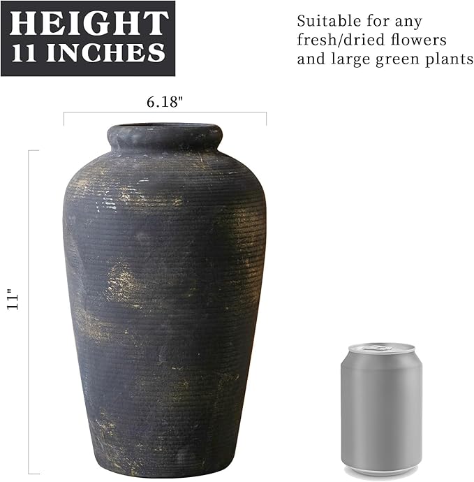 11 Inch Tall Large Ceramic Rustic Flower Vase for Home Office Decor, Boho Farmhouse Living Room Coffee Table Kitchen Bedroom Bathroom Wall Decor Aesthetic, Vintage House Shelf Decor -Bronze