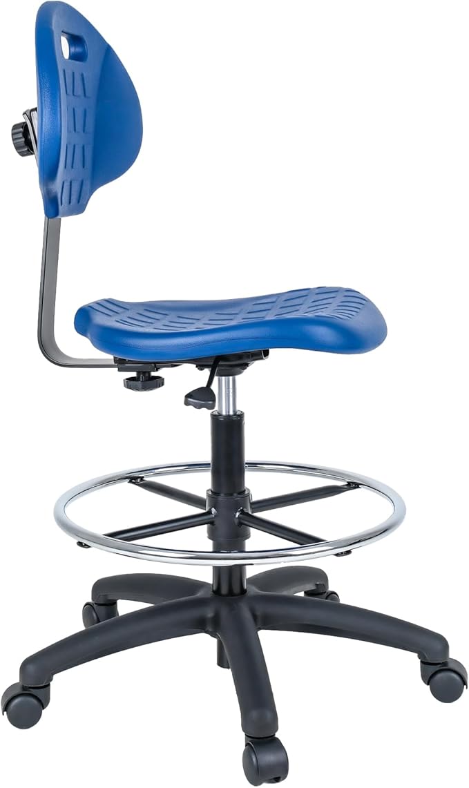 Chair Master Drafting Stool Blue- Easy to Clean! Quick Ship. Ergonomic Polyurethane Chair. Seat Height Adjustable (23"-33") Heavy Duty Adjustable Footring for Home, Automotive, Lab, Cleanroom (Blue)