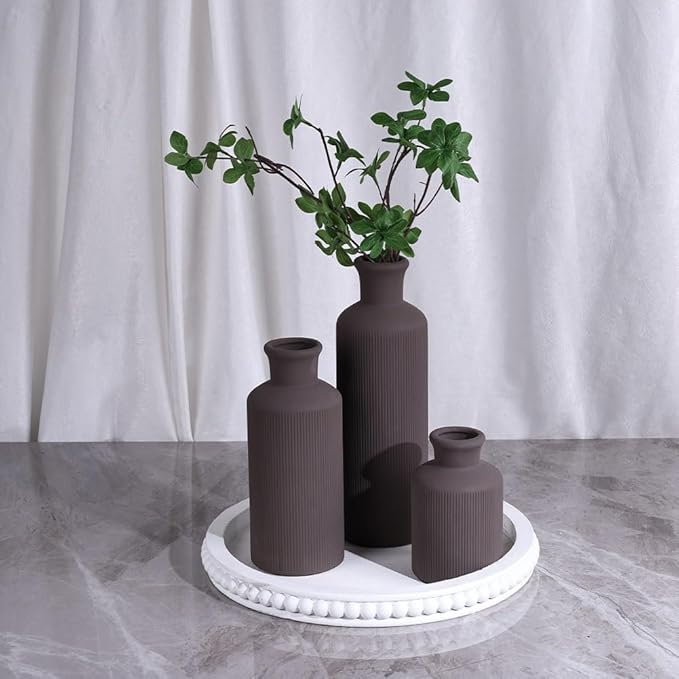 Brown Ceramic Vases Set - 3 Brown Small Vase, Farmhouse Country Vases Home Decor, Living Room Decoration, Table Decoration, Fireplace Decor, and Entrance Decorations Centerpieces