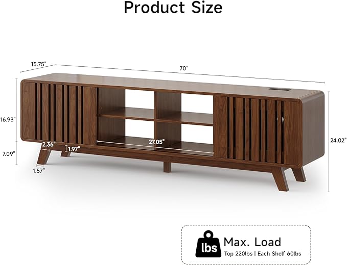 ONBRILL 70-Inch TV Stand for TVs up to 80 Inch, Mid-Century Modern Television Stand with Power Outlet， Entertainment Center with Sliding Grille Door Cabinets and Open Shelves for Living Room, Walnut