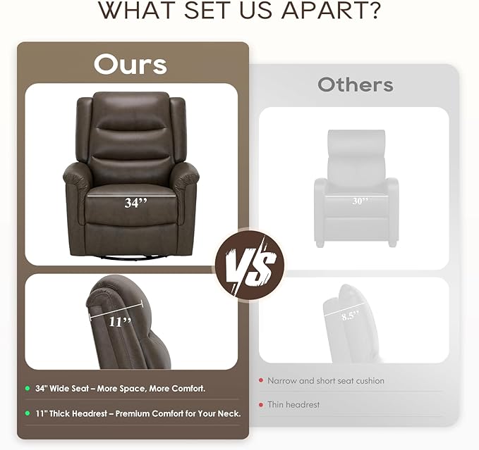 COLAMY Oversized Leather Recliner Chair, 360°Swivel Rocking Manual Recliner with Thick Cushioned Padding Backrest and Wide Seat - Lightbrown