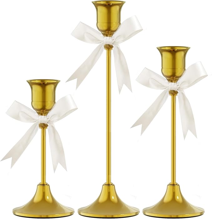 FSyueyun Gold Candle Holders Set of 3, Elegant Metal Candlestick Holders for Vintage Taper Candle Holders, Perfect for Table Centerpieces, Fireplace Mantels, Home Decor, Weddings and Party Decorations