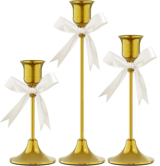 FSyueyun Gold Candle Holders Set of 3, Elegant Metal Candlestick Holders for Vintage Taper Candle Holders, Perfect for Table Centerpieces, Fireplace Mantels, Home Decor, Weddings and Party Decorations