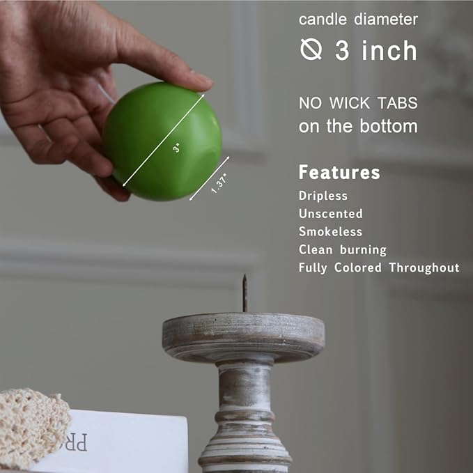 MOZEAL Hand-Poured, 3 Inch Lime Green Round Ball Candles - Elegant Lime Green Round Pillar Candles Set of 3, Dripless, Unscented, Smokeless, Ideal for Spring Celebrations.