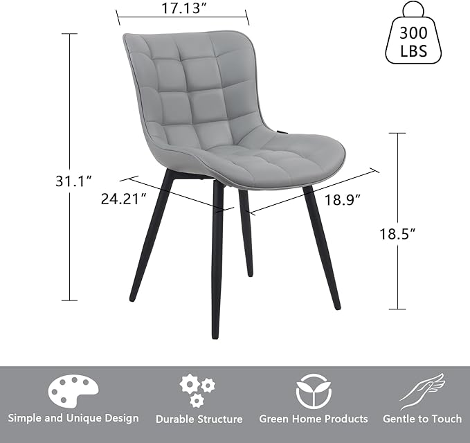YOUTASTE Dining Chairs Set of 2 PU Leather Upholstered Modern Kitchen&Dining Room Chairs with Back Metal Legs Armless Accent Guest Dinner Chairs for Vanity Reception Waiting Room,Grey