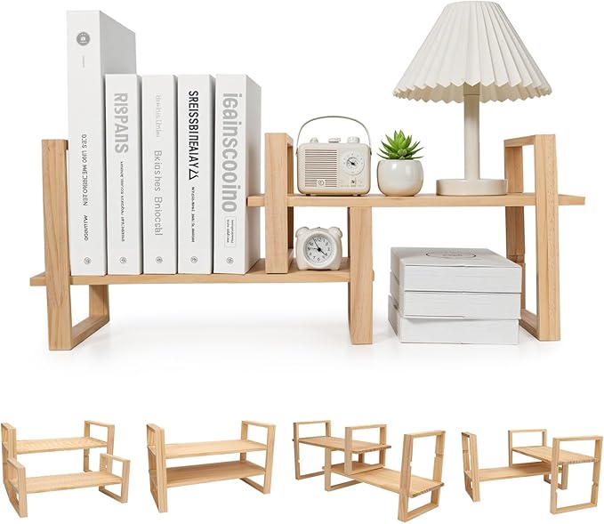Adjustable Desktop Bookshelf,Bookshelf No Assembly Required, DIY Multi-Combination Shelves Organizer for Home Office Supplies,and Dresser, True Natural Pine Wood, White
