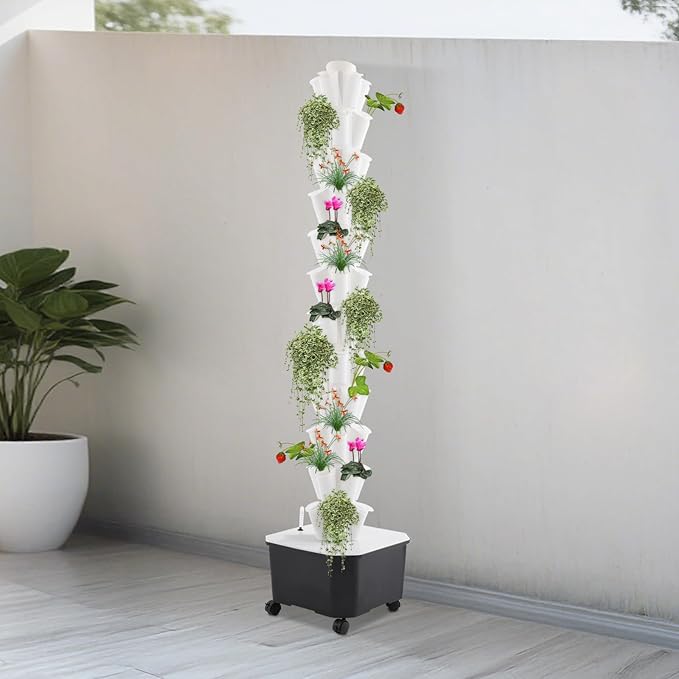 12-Tier Hydroponic Growing Tower, 60-Plant Indoor Gardening System w/Automatic Water Circulation, Vertical Aeroponic Tower Garden for Herbs, Vegetables, Fruits (White, 60-Plants)