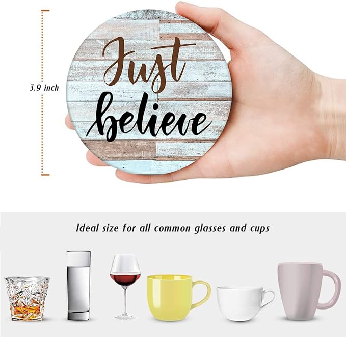 Britimes Coaster for Drinks Set of 6, Just Smile Colorful Inspiration Day Absorbent Round Ceramic Stone Mat, with Cork Base and Metal Holder, Gift for Housewarming Room Bar Decor