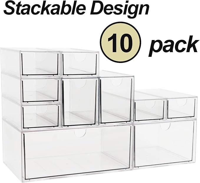 Acrylic Makeup Organizer, 10 Drawers Clear Storage Organizer Desktop Stackable Storage Drawers, Plastic Organizer Bins for Makeup, Stationery, Cosmetics, Vanity, Bathroom,Cabinet,Pantry Office Desk