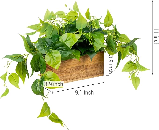 MyGift Vibrant Lifelike Artificial Plant Pothos Leafy Vine Greenery in Natural Solid Acacia Wood Rectangular Planter Box