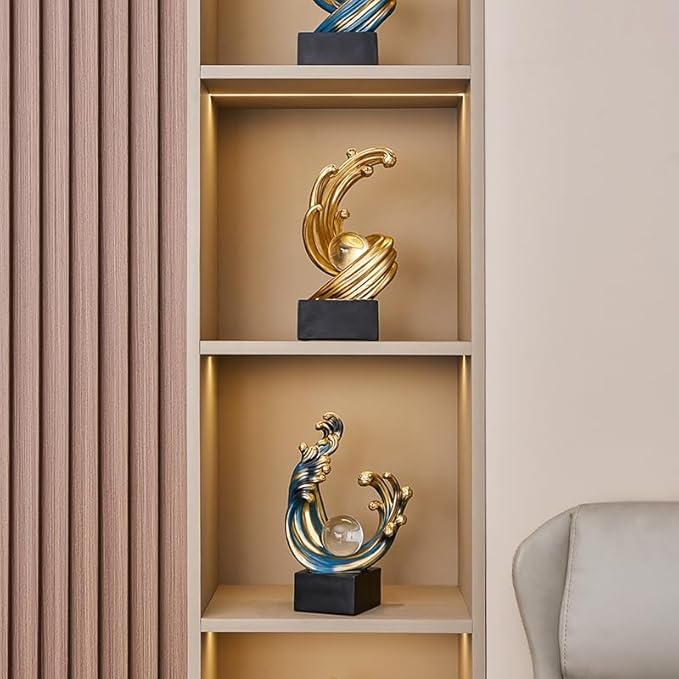 Golden Wave Resin Sculptures with Crystal Ball Decor - Modern Abstract Home Decor, Ideal for Dining Table Centerpiece, Bookshelf, TV Stand, Office Desk & Home Entryway (B,Gold)