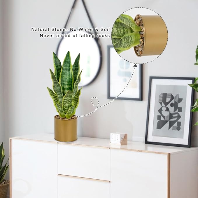 Artificial Potted Plant, Fake Snake Plant in Gold Pot 17.3 inch Faux Sansevieria Trifasciata Artificial Plants Indoor with Pot for Home Office Living Room Indoor Outdoor Decor