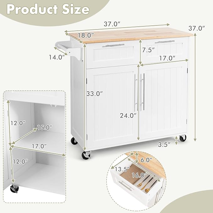 COSTWAY Kitchen Island on Wheels, Kitchen Cart with Side Towel Bar, 2 Drawers, 2 Door Cabinet, Rolling Storage Trolley Cart with Rubber Wood Top & Lockable Casters (White)