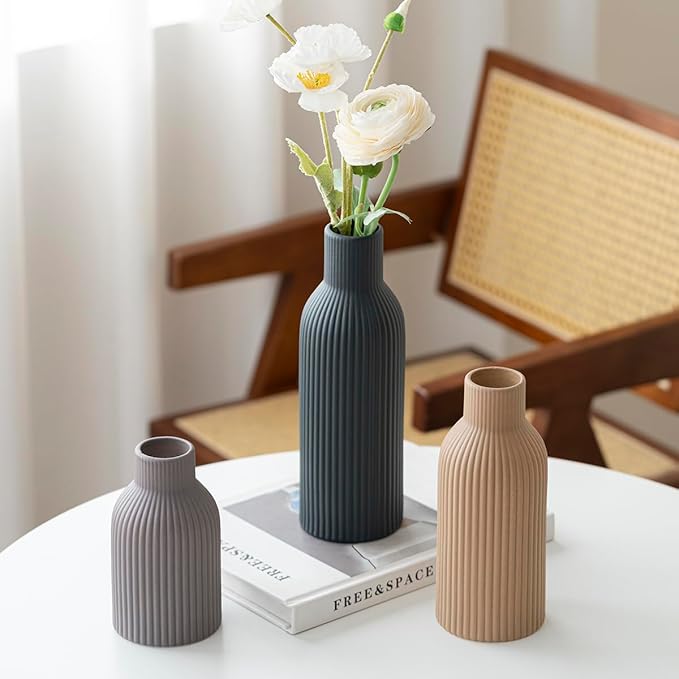 Modern Ceramic Vases Set of 3, Black Ribbed Decorative Vases, Shelf Table Centerpiece for Home Decor (Black Mix)